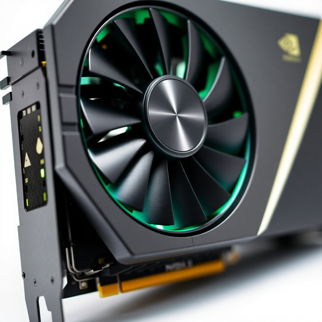 NVIDIA GeForce RTX 4090 GPU card close-up, professional product photography, white background, high detail